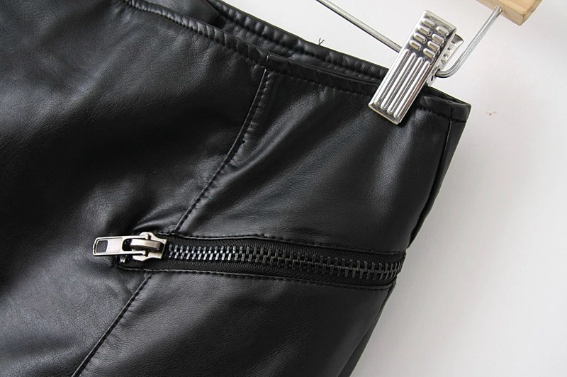 Zonxanwomen Black Solid Mini Sexy High Waist Bodycon PU Short Mini Wrap Pencil Belt Slit Leather Skirts