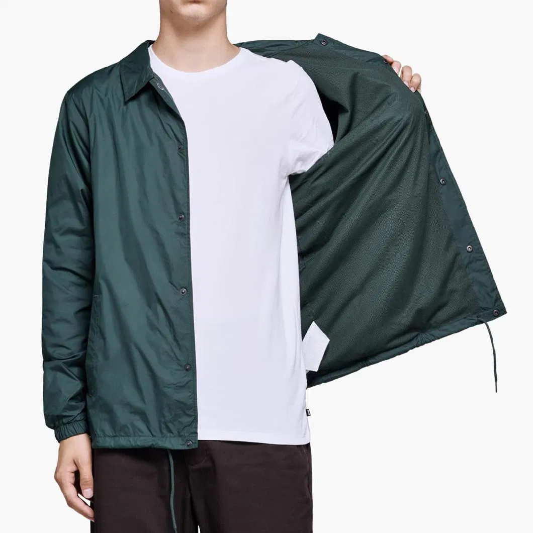 Wholesale Blank Mens Custom Coach Nylon Jackets Winter Button Drawstring Hem Elastic Cuff