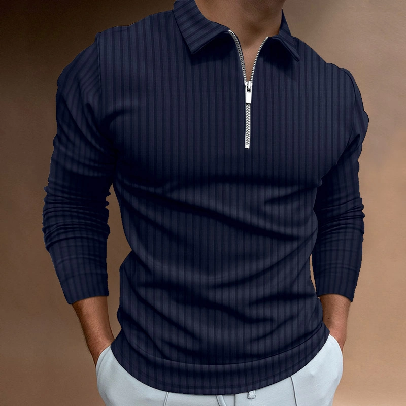 Custom Men&prime;s Leisure Pure Color Stripe Polo Unlined Upper Garment of Loose Sportswear Long Sleeve Polo Shirt Customized Logo