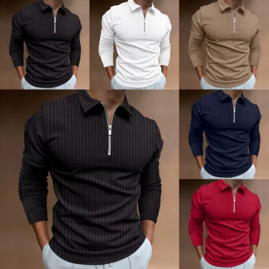 Custom Men′s Leisure Pure Color Stripe Polo Unlined Upper Garment of Loose Sportswear Long Sleeve Polo Shirt Customized Logo