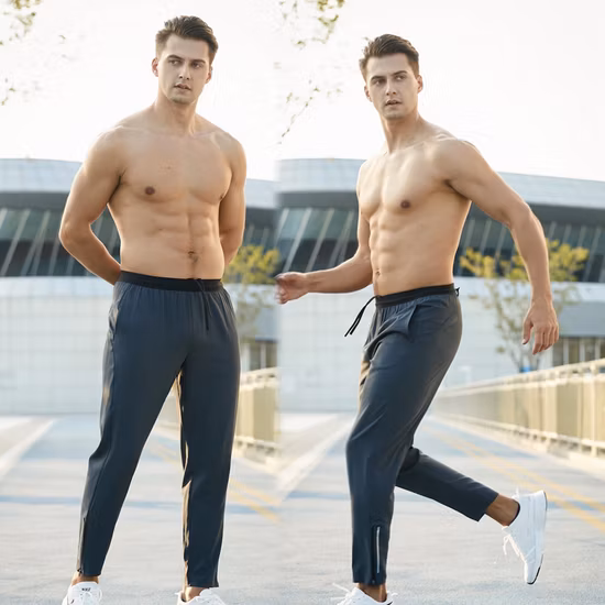 Mens Fast Dry Drawstring Jogging Gym Trousers with 3 Pockets Casual Zipper Cuff Outdoor Sports Exercise Pants Lifting Workout Bottom Wear